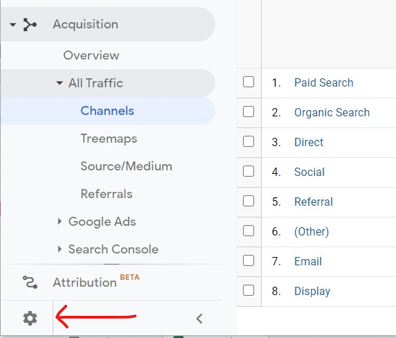 Where the Admin section is on Google Analytics